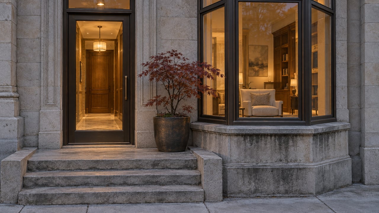 Stone residence entrance with broad steps, a potted red-leaf tree, and a warmly lit bay window.