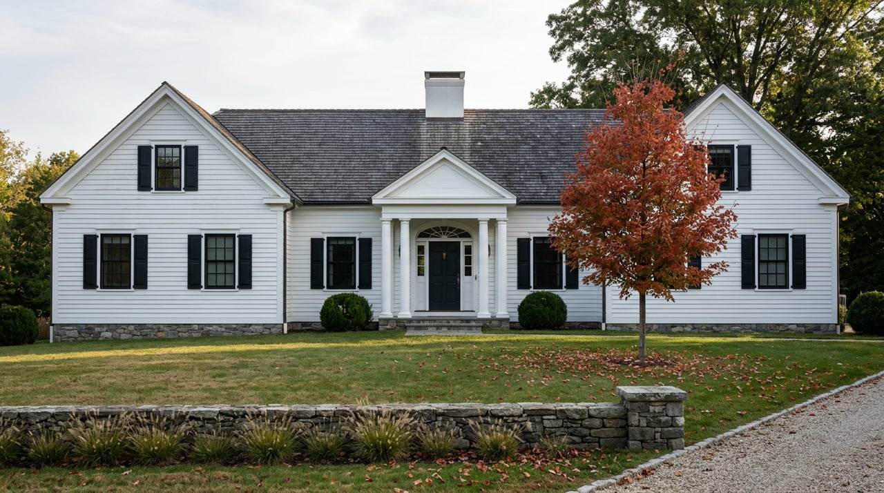White colonial house with paired gables, red-orange maple, and low stone wall bordering its lawn.