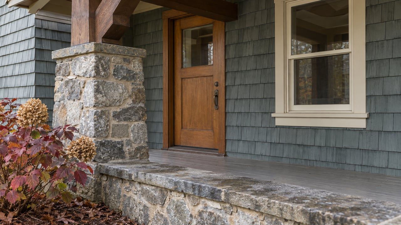 Close view of a wood-shingled entrance with a fir door, mica-flecked stone porch pier and burgundy oakleaf hydrangea.