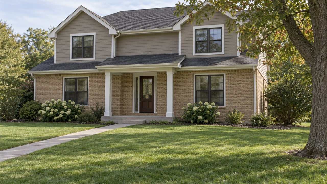 Two-story house with buff-brick lower walls, gray siding, lawn, walkway, and an oak tree at right.