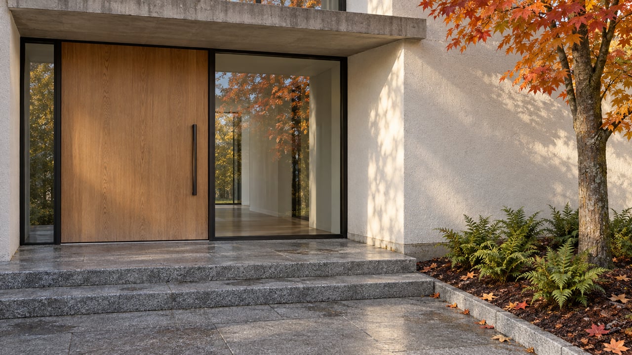 Autumn light falls across a sheltered wood entrance, dark-framed glazing, and broad granite steps beside a sugar maple and evergreen ferns.