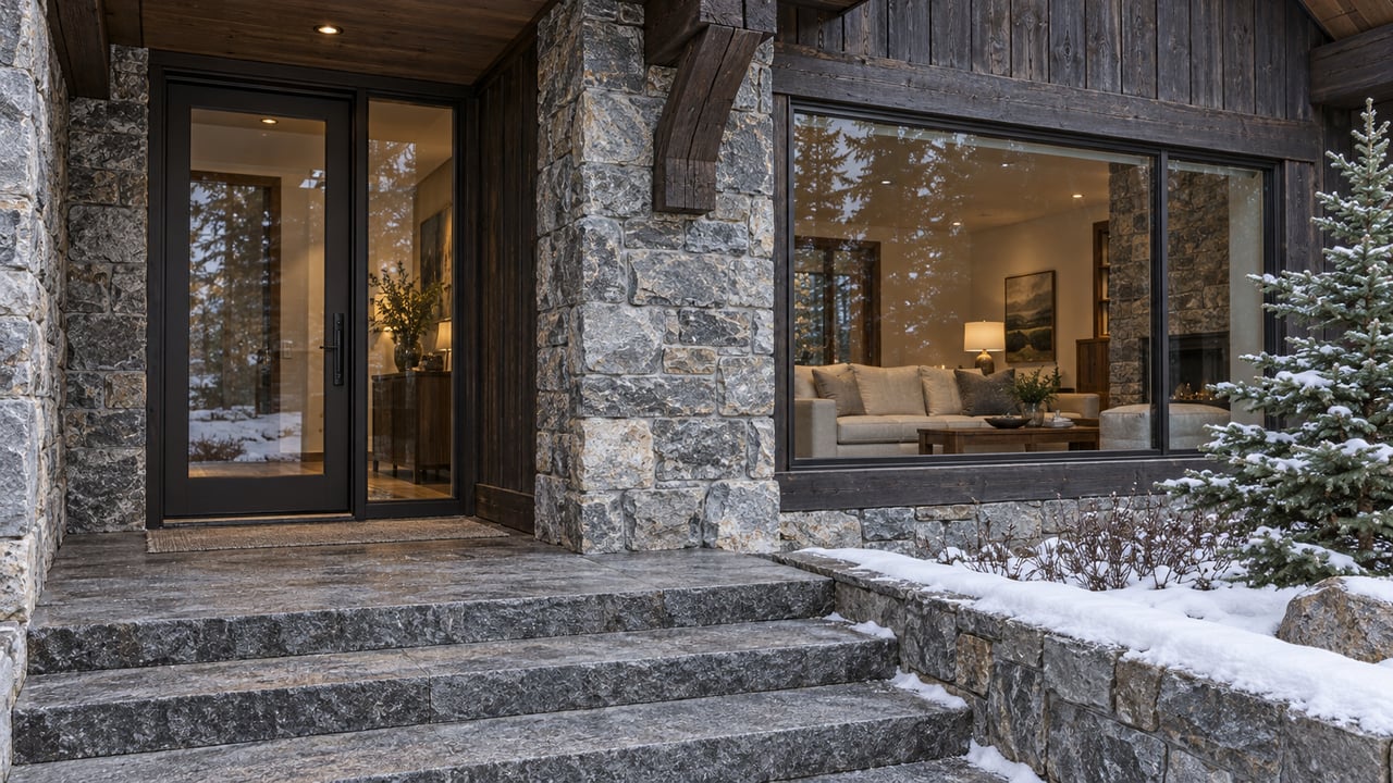 Dark timber home entrance beside textured gray stone and a large living-room window, with snow along the approach and a blue-green spruce.