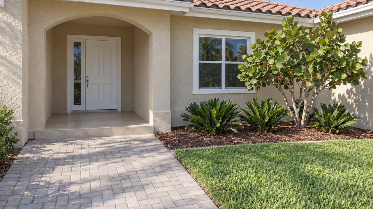 Sunlit tan stucco home entry with a terracotta tile roof, gray paver approach, and a sea grape specimen beside a neatly edged lawn.