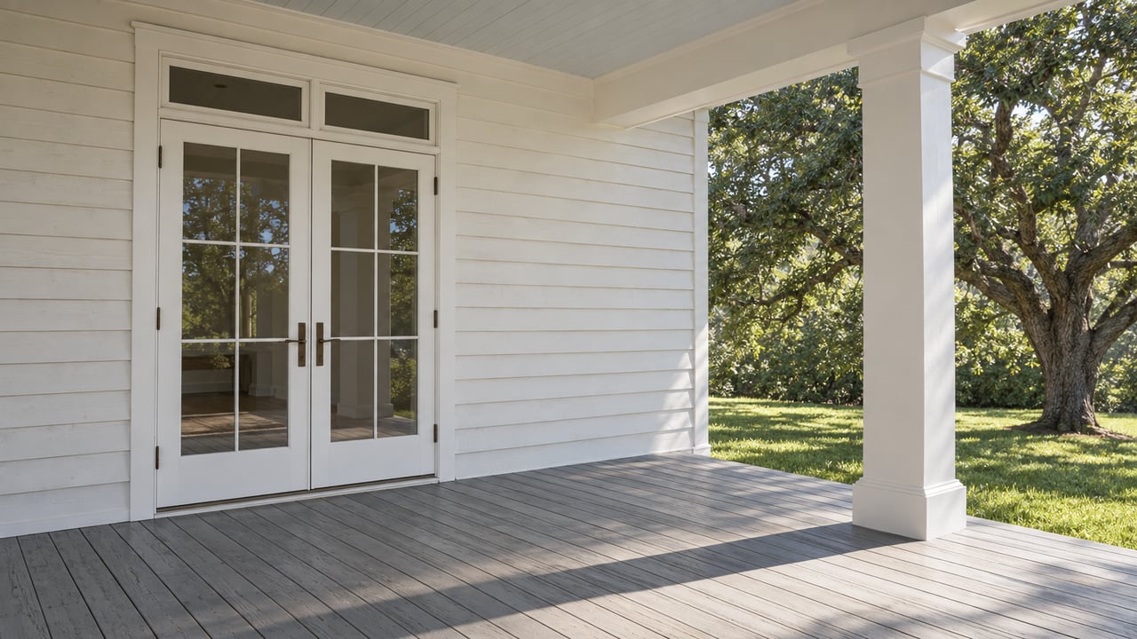 White timber porch with closed glazed double doors, worn gray floorboards and a live oak visible across the lawn.