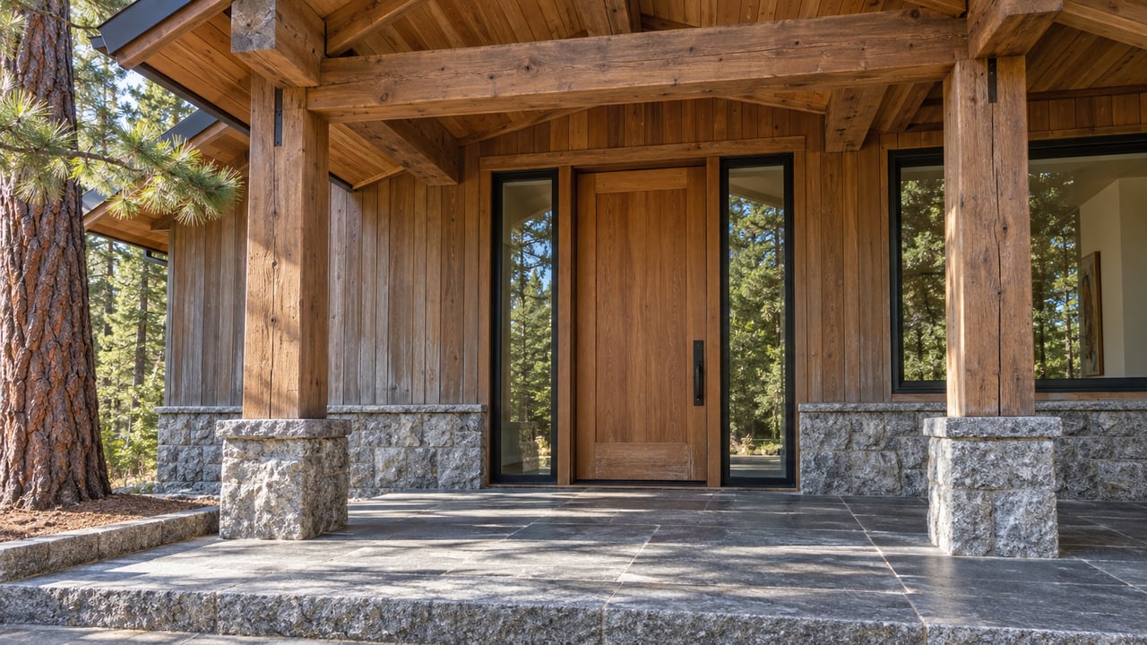 Cedar-clad entry with heavy timber posts, granite bases, enclosed glass sidelights and a weathered slate terrace beside a Jeffrey pine.