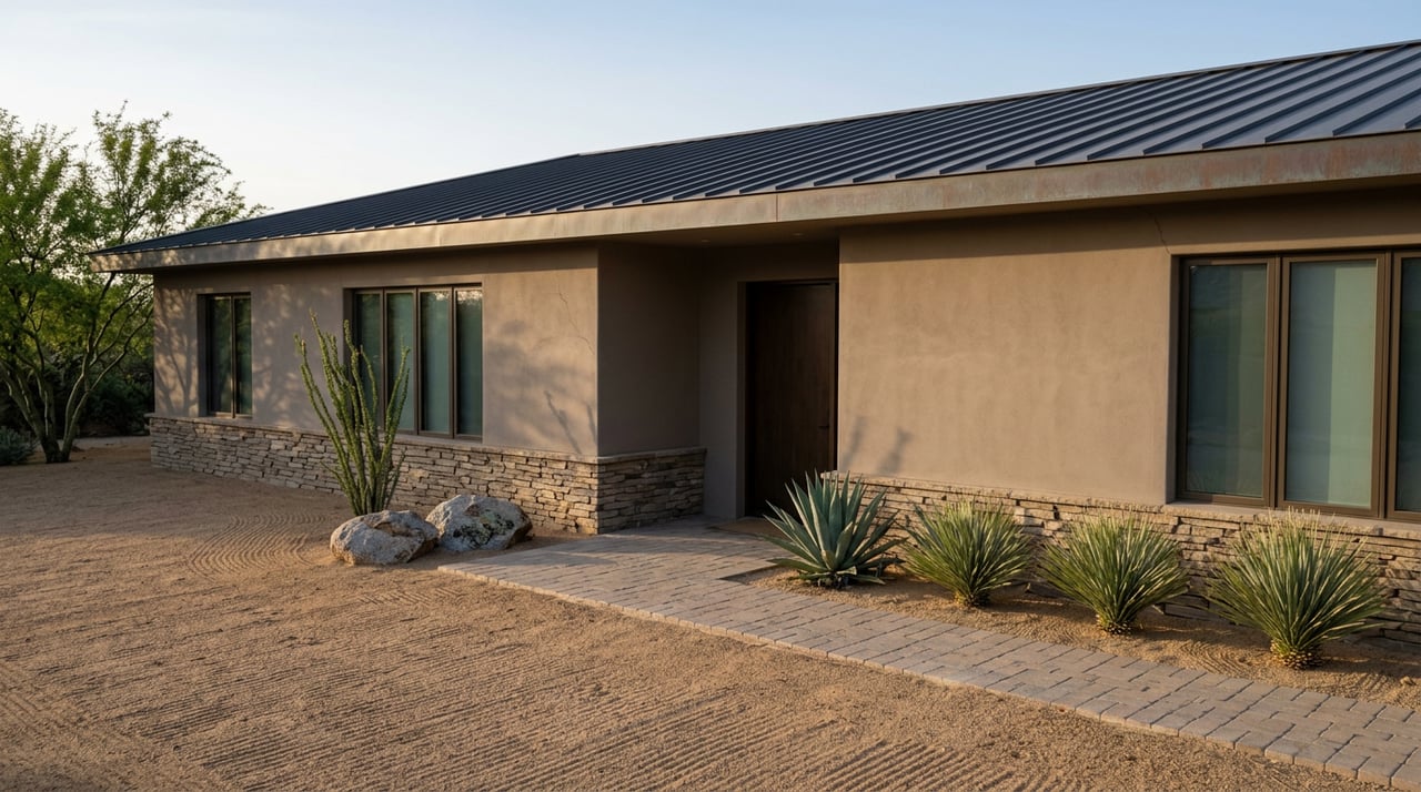 Desert-modern home with taupe stucco, stacked-stone base, metal roof, and agave beside a stone path.
