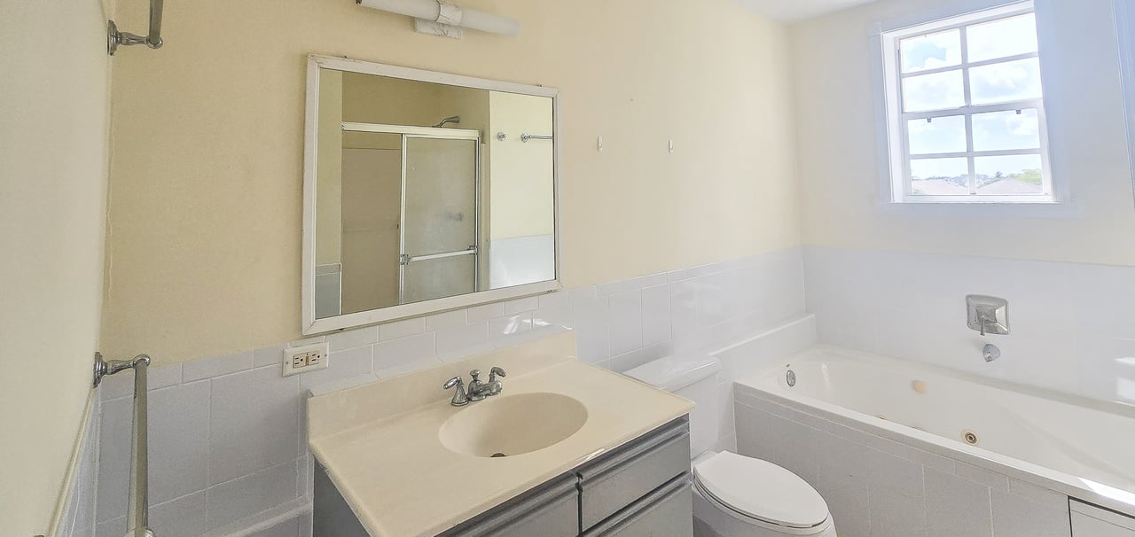 Bathroom with a mirrored vanity, toilet, and built-in jetted tub beside a window.
