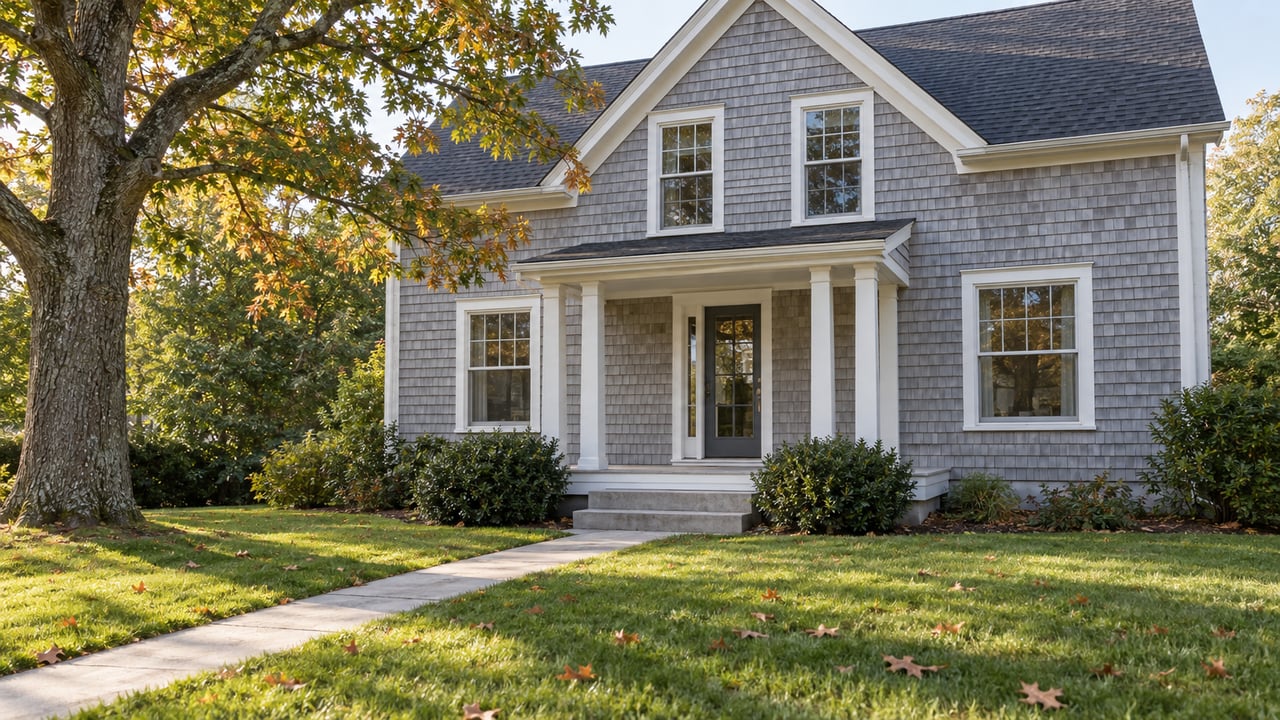 Two-story cedar-shingled house with a raised porch, concrete walkway, and mature tree in an autumn lawn.