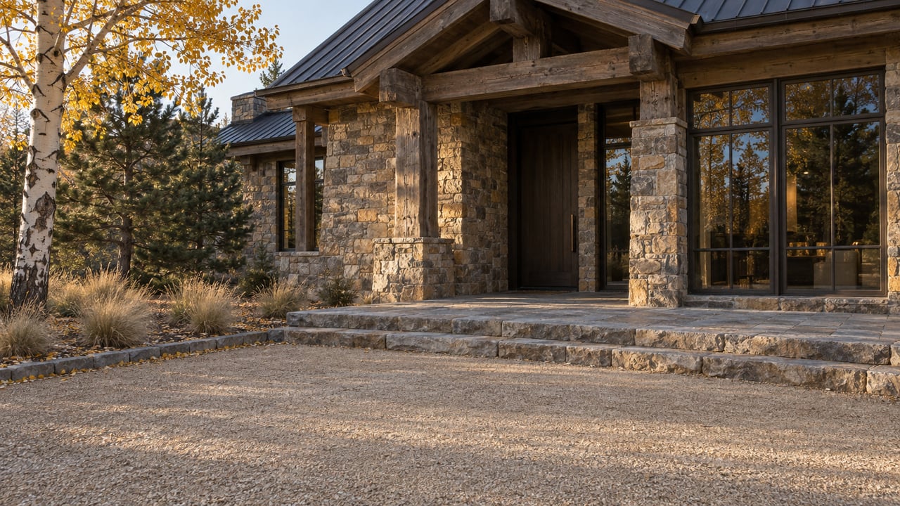 Late-autumn sunlight on a stone and heavy-timber home entrance, with gold aspen leaves beside a gravel arrival court.