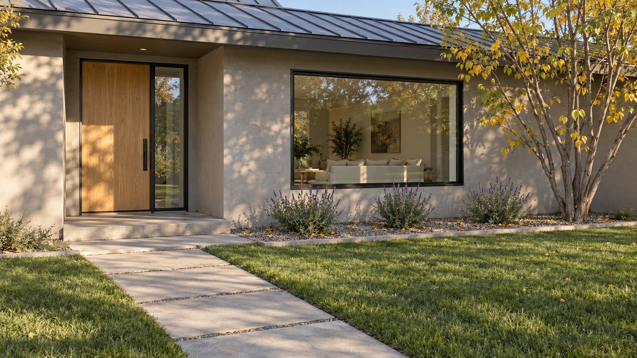 Late-afternoon light across a deep front lawn and concrete approach to a warm-gray single-story home with an oak entry door and broad dark-framed window.