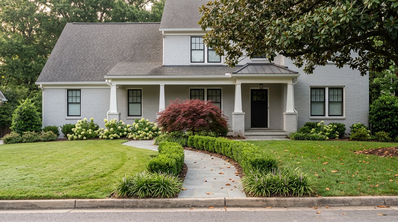 Gray brick suburban house with a black door, curving walkway, red Japanese maple, and mature magnolia canopy.