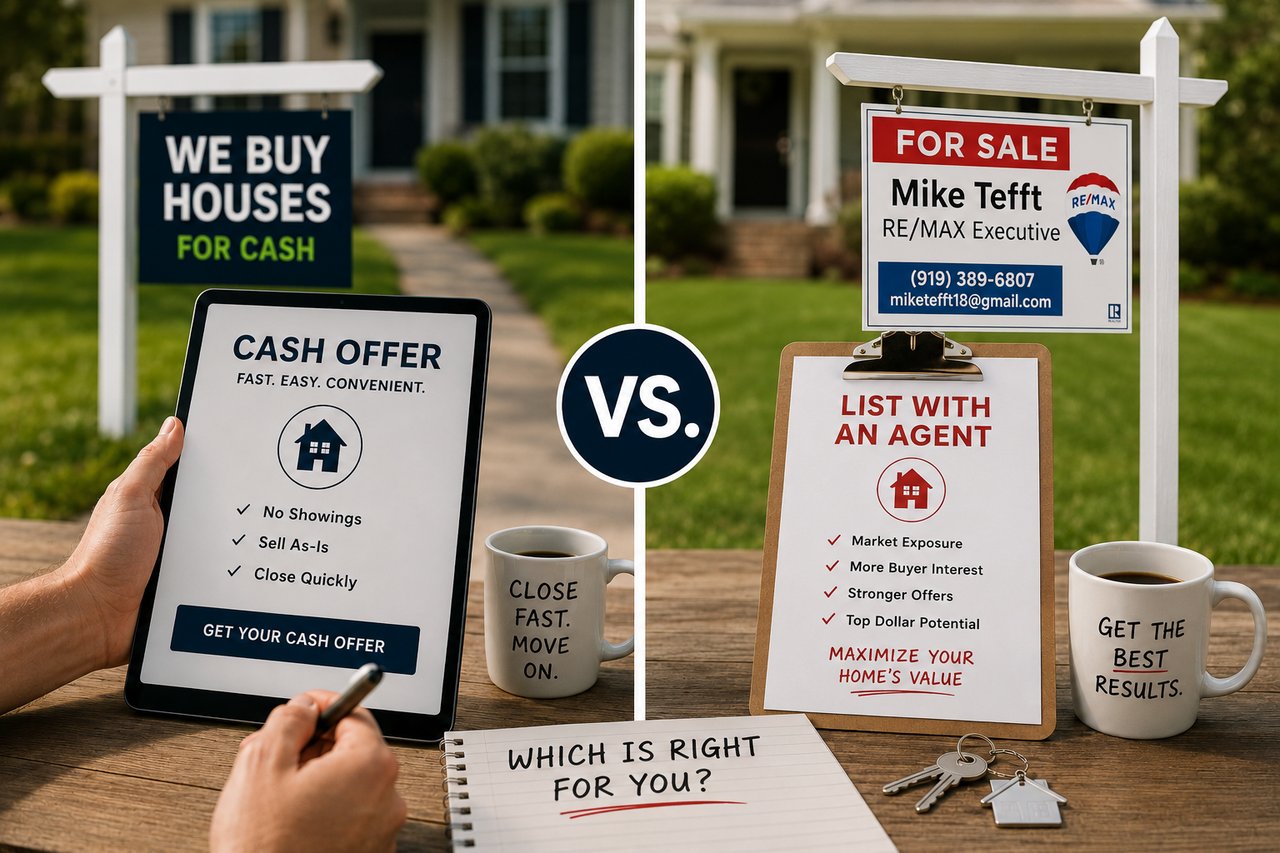 Side-by-side comparison of a cash home offer and listing a house with a real estate agent