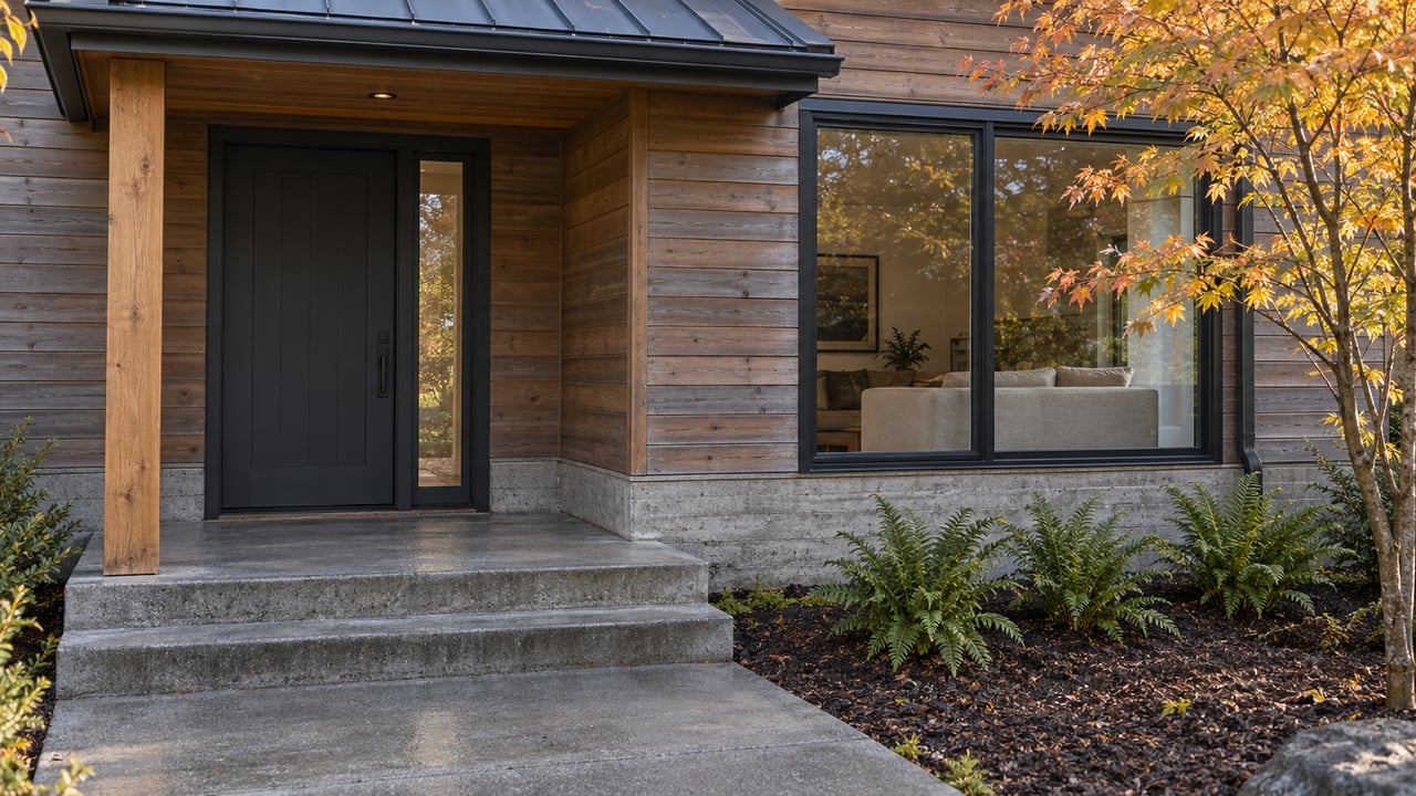 Cedar-clad home entry with a charcoal metal porch roof, concrete steps, and autumn vine maple beside a black-framed window.