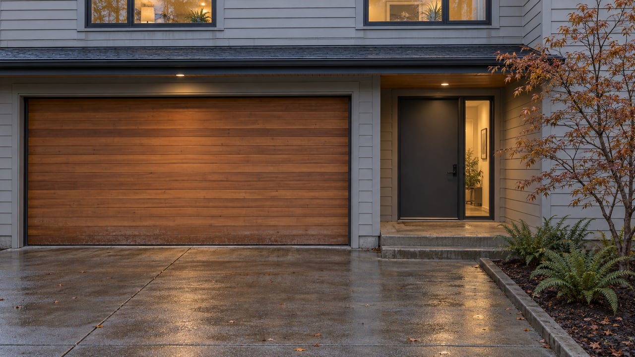 A pale gray lap-sided home at blue hour, with a cedar garage door, softly illuminated enclosed entry and rain-darkened concrete driveway beside a vine maple and sword ferns.
