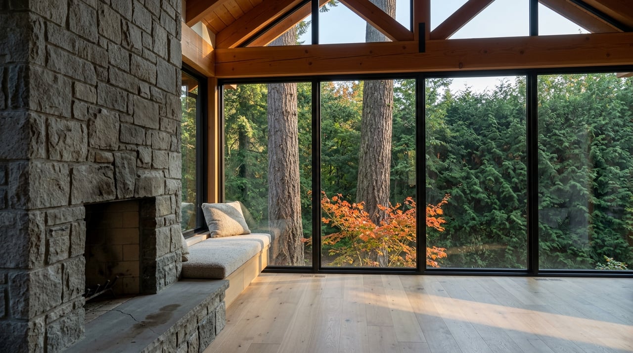 Great-room nook with a stone fireplace, timber truss, and window-side bench overlooking autumn foliage.