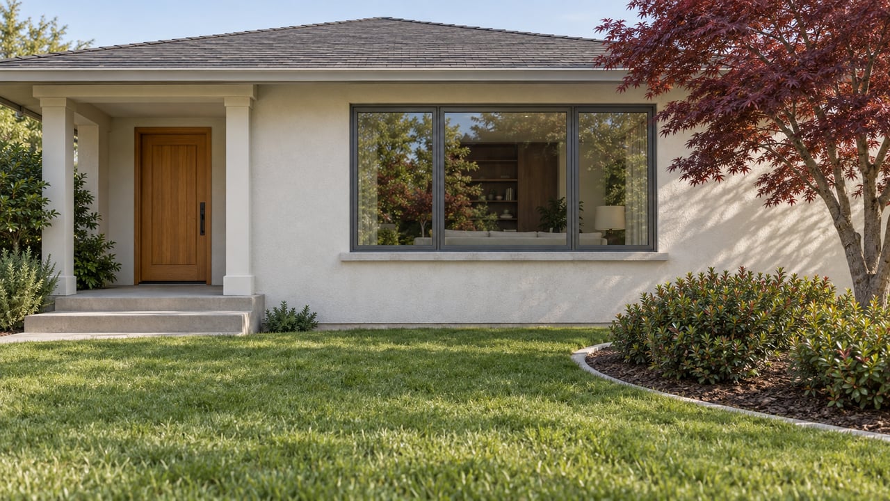 Low single-story stucco home behind a green lawn, with a recessed wood-door porch and a burgundy Japanese maple.