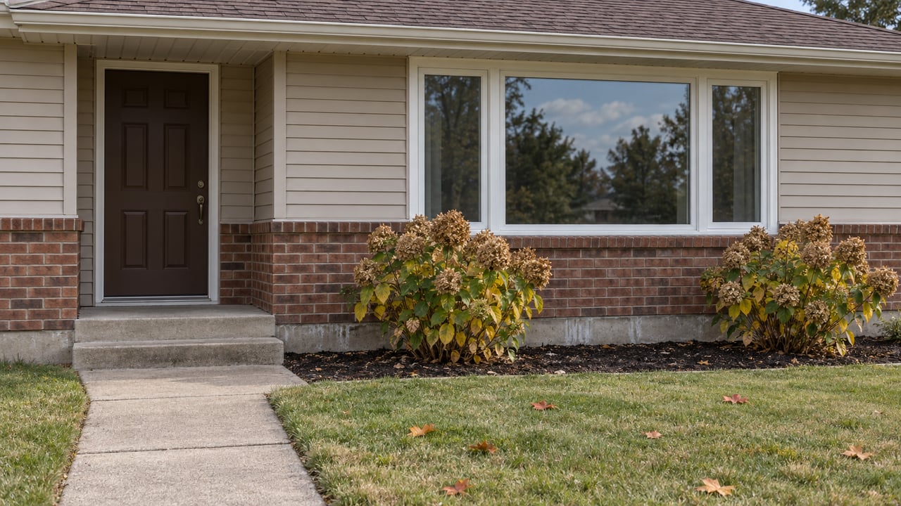 Autumn daylight on a beige-sided ranch entry, brick base, white picture window, concrete steps and hydrangeas beside a green and tan lawn.