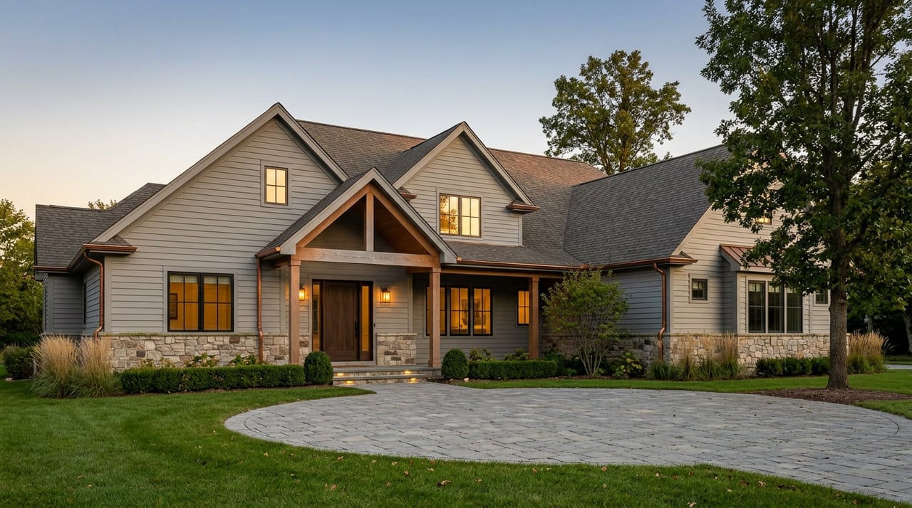 Transitional farmhouse with gray siding, fieldstone facade, glowing windows, and a circular stone-paved motor court.