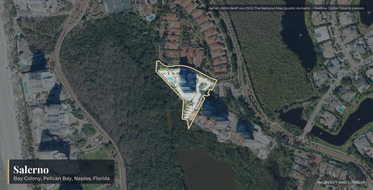 Aerial view of Salerno at Bay Colony, Naples, Florida, with its parcels outlined