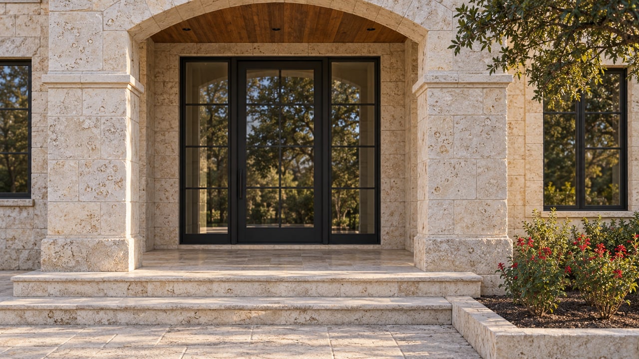 Limestone arch framing a recessed steel-and-glass home entry, with broad stone steps and red-flowering sage beside the approach.