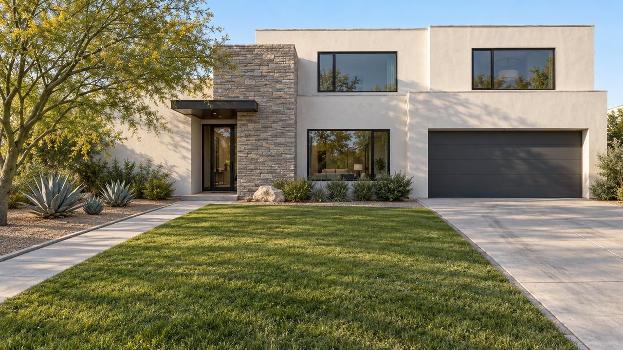 Contemporary white stucco home with gray stone entry, a deep green lawn, concrete approach and sculptural desert planting.