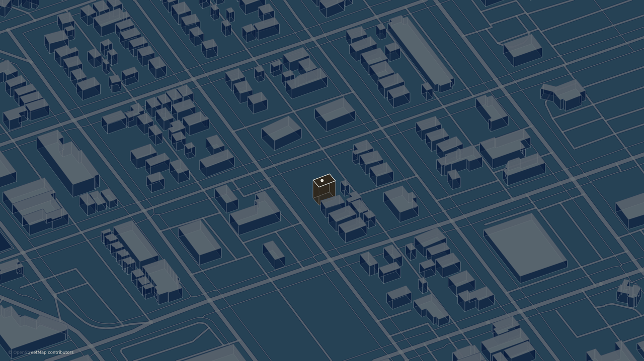 3D street map with one building highlighted in gold.