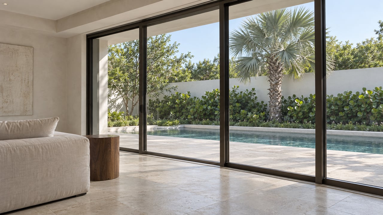 Limestone living room with dark-framed glass sliders opening visually onto a pool terrace and fan palm.