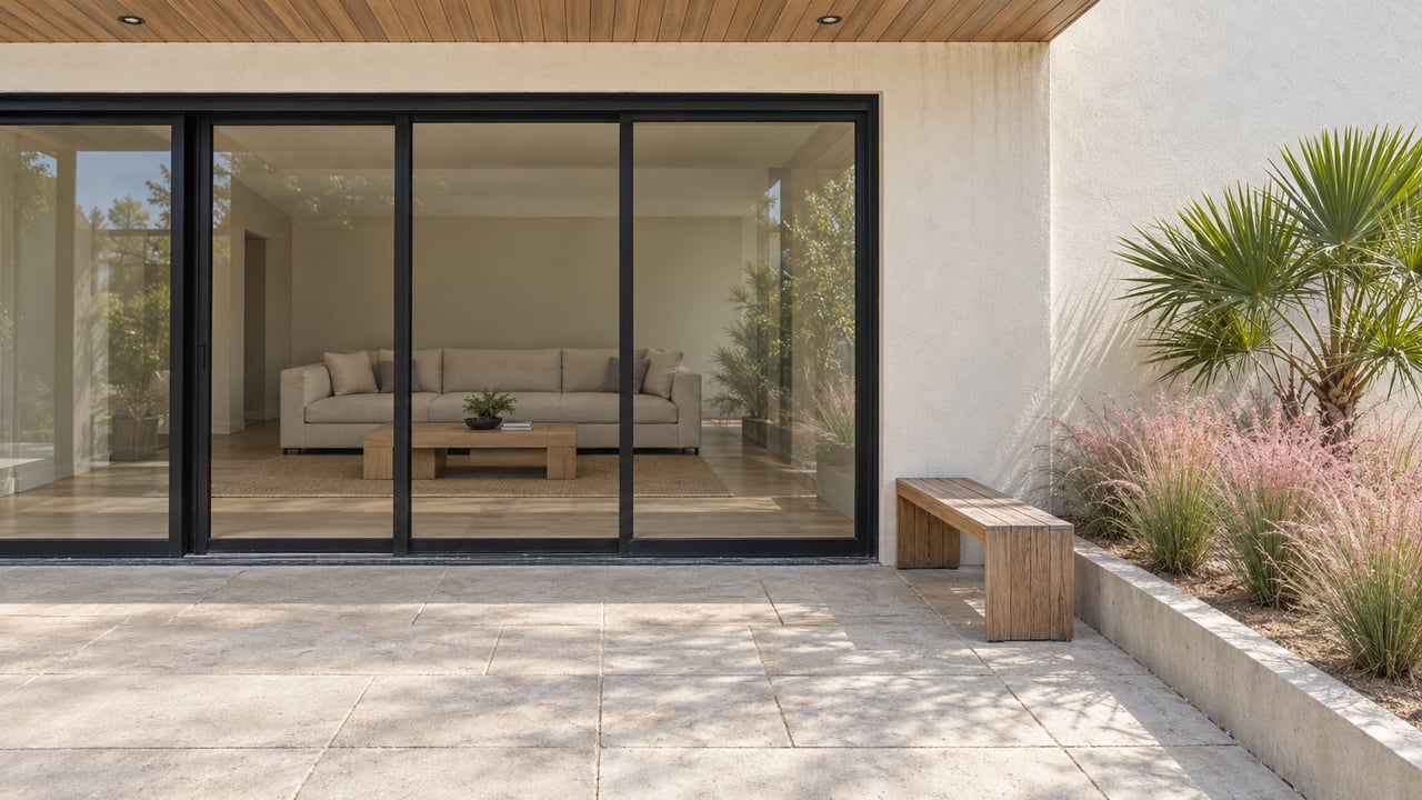 Sunlit covered patio with black-framed glass sliders, pale stucco, teak bench and pink muhly grass beside a saw palmetto.