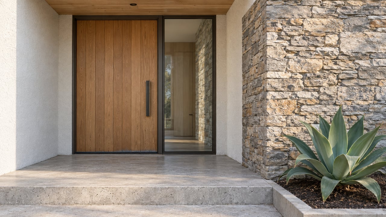 Close view of a contemporary home's oak entry door, glazed sidelight, white stucco, stacked-stone pier and concrete step beside one sculptural agave.