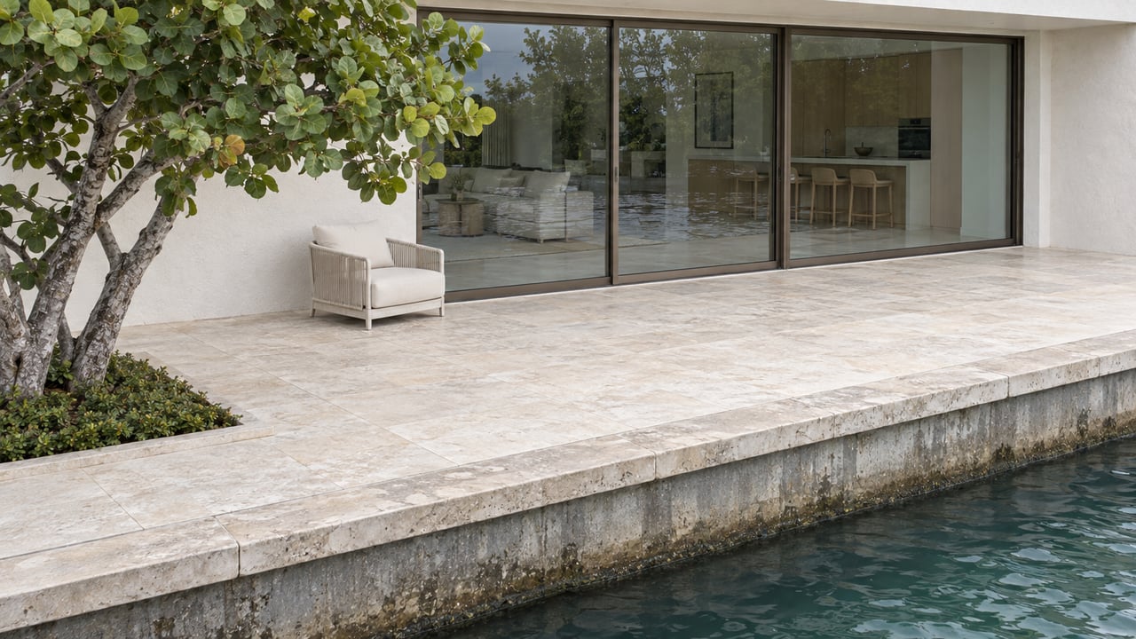 Limestone terrace beside rippled water, with a cream chair, glass doors, and a broad-crowned sea grape tree.