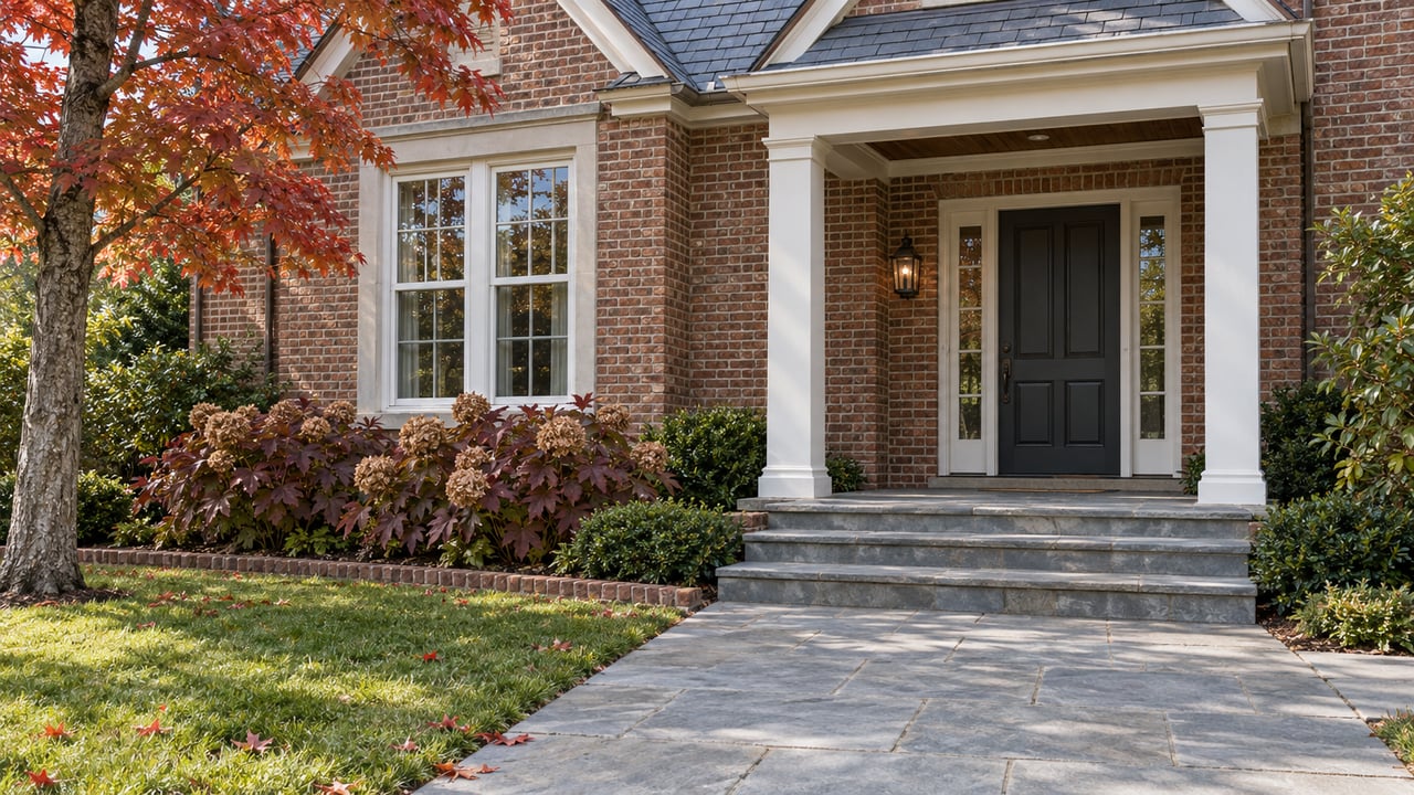 Autumn sunlight on a brick home's covered entry, white-trimmed windows, and bluestone approach beside burgundy oakleaf hydrangeas.