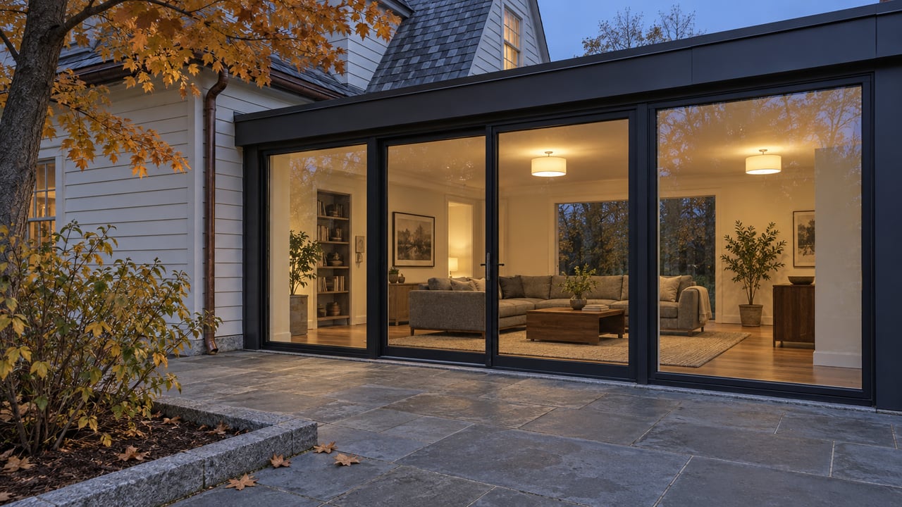 Warm light glows through dark-framed glass beside weathered clapboard siding, overlooking a bluestone terrace and golden maple leaves.