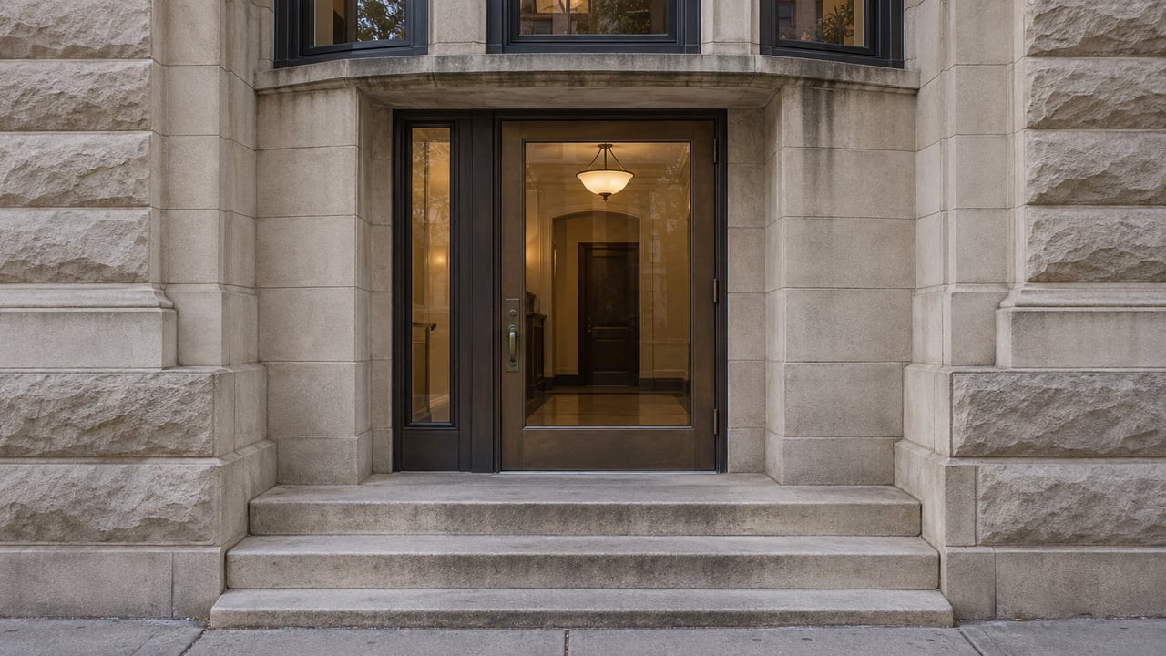 Recessed bronze-and-glass apartment entrance framed by pale stone piers above three limestone steps.
