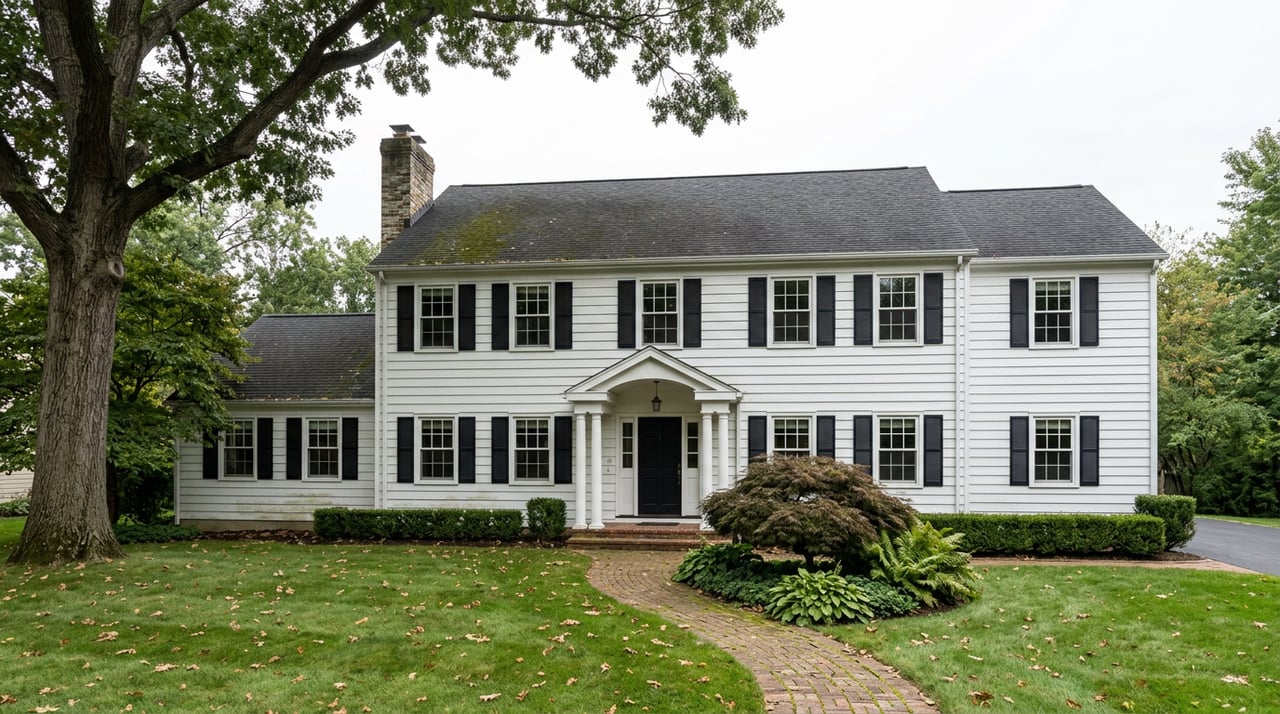 Two-story white Colonial home with black shutters, brick chimney, broad lawn, boxwood hedge, and curved brick walkway.