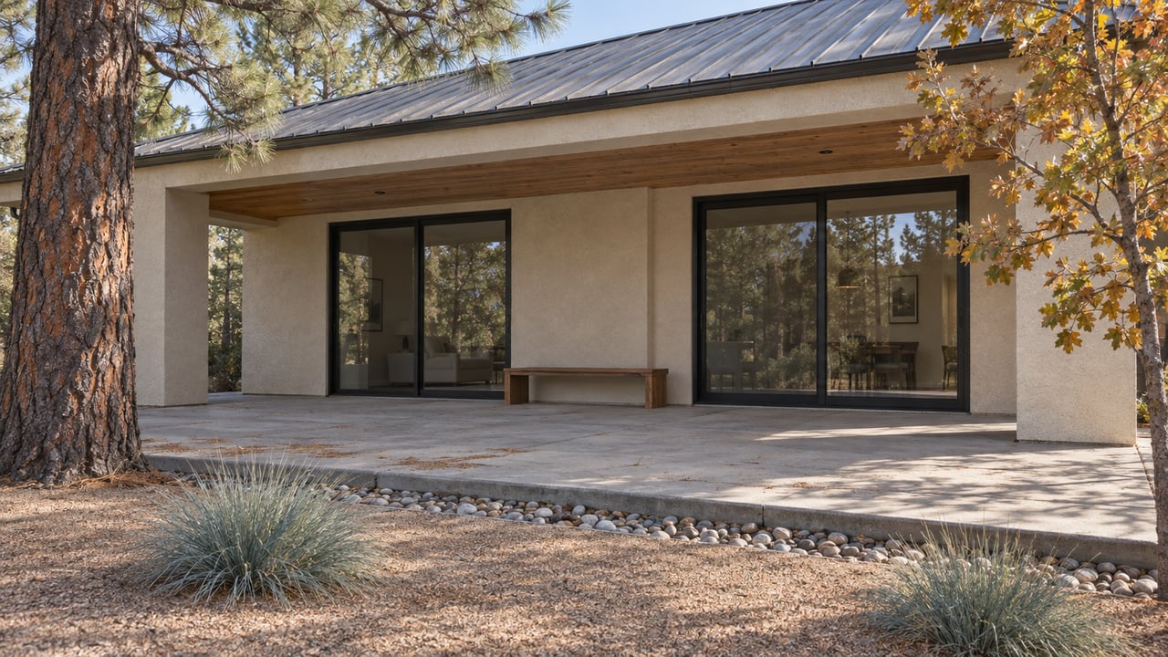 Sand-colored house with a covered cedar porch, concrete terrace, pine tree, and amber oak sapling.