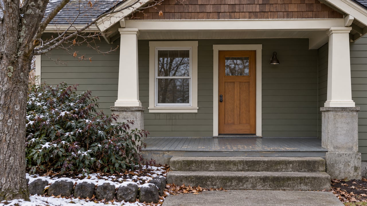 Olive-sided bungalow porch with cream posts, a wood entry door, worn gray decking and snow edging the cleared concrete walk.