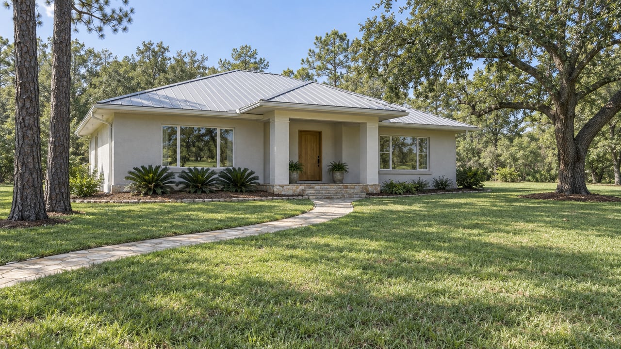 A light-gray single-story home with a silver hipped roof, limestone entry walk and spacious lawn beneath mature oak and pine trees.