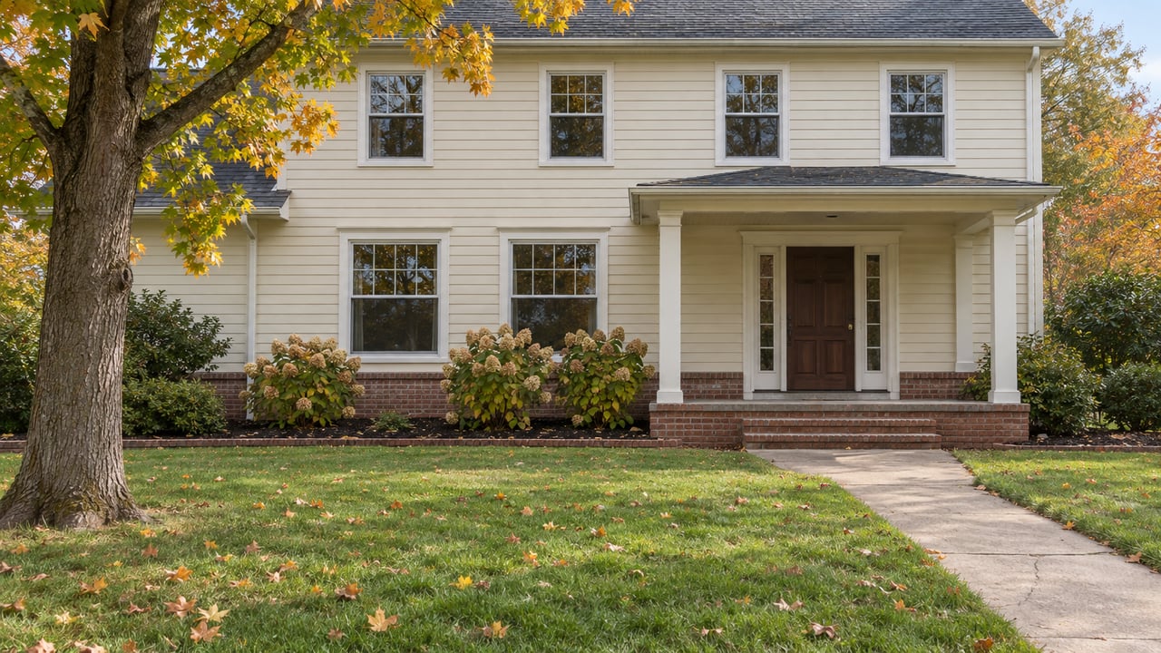 Ivory clapboard house with a brick foundation and covered entry beyond a deep lawn, framed by a maple tree with early autumn leaves.