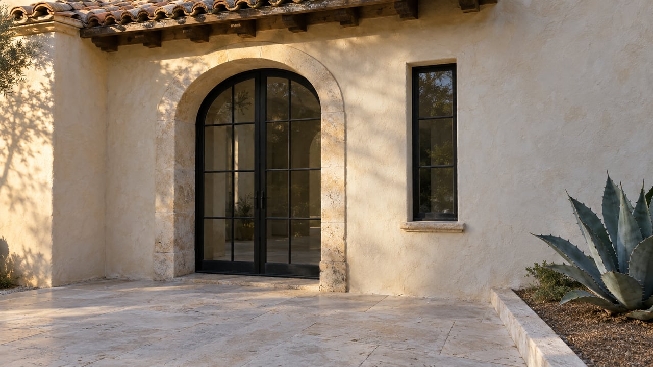 Ivory stucco courtyard facade with a tiled roof, arched glazed door, narrow window, and agave beside a raised curb.