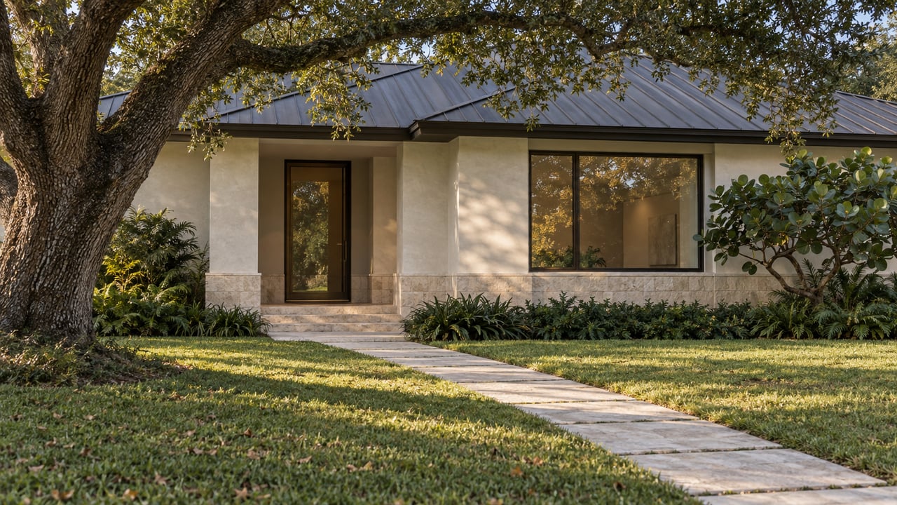 Single-story stucco home with a shaded entry, limestone walk, and broad oak canopy.