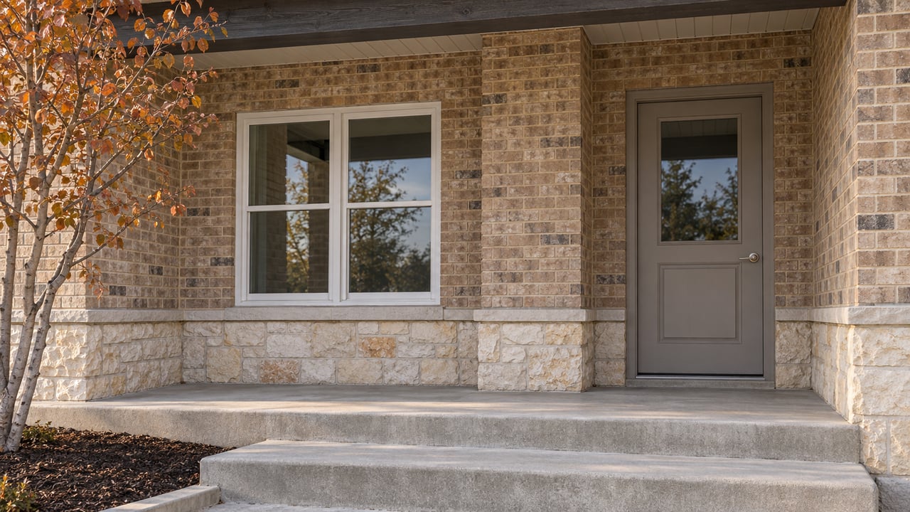Buff-brick home entry with a gray door, paired windows and worn concrete porch steps beneath a charcoal timber beam.