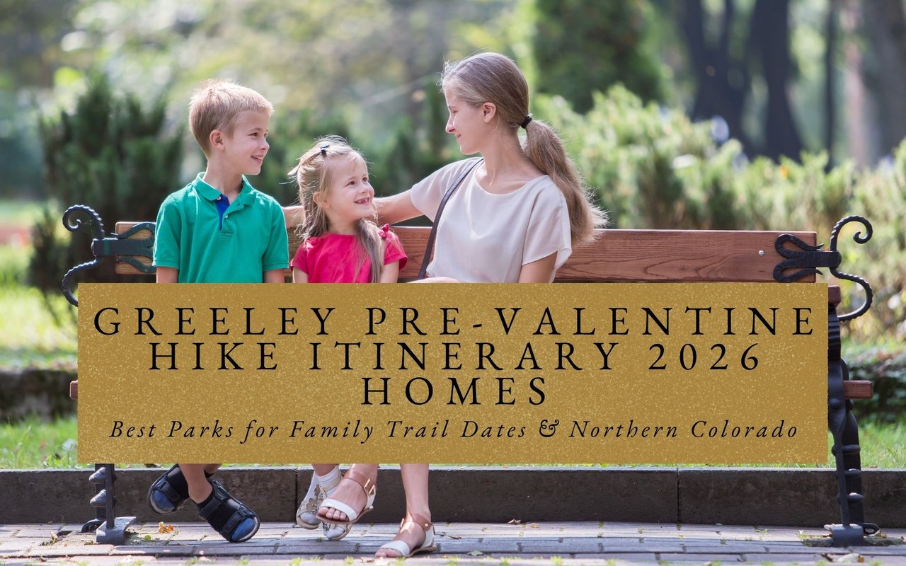 Parents and children sitting on a bench at Poudre Ponds in Greeley, looking out over calm winter water during a family hike