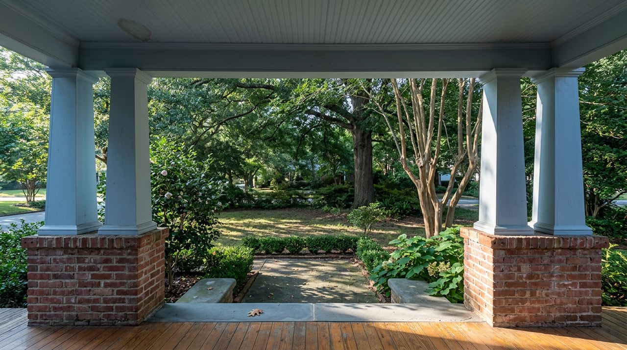 Covered porch with white columns, worn pine decking, and a planted lawn beneath a broad oak canopy.