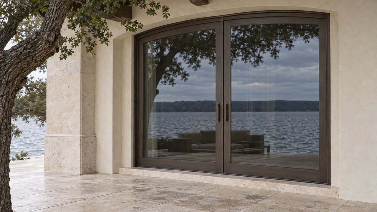 Bronze-framed glass doors in a stucco bay reflect blue-gray lake water beside a limestone terrace.