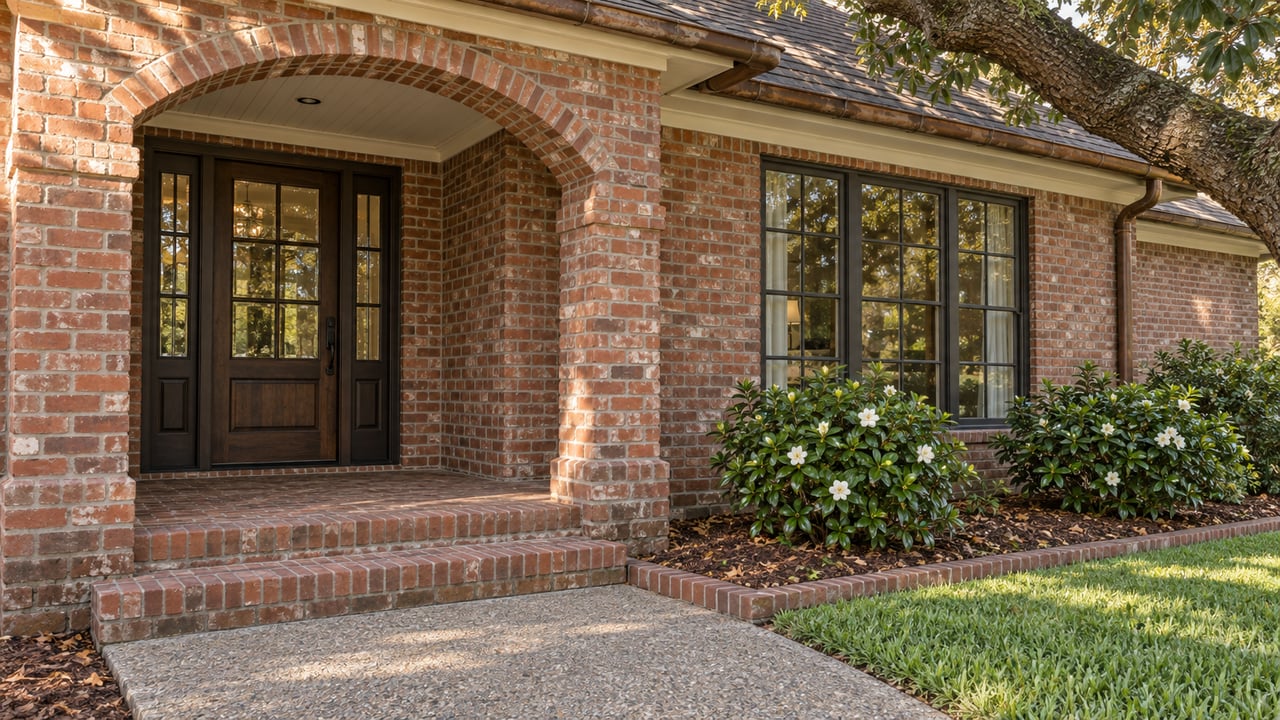 A red-brick home's arched porch and oak front door in warm afternoon light, with gardenias beside the window and a mature live oak overhead.
