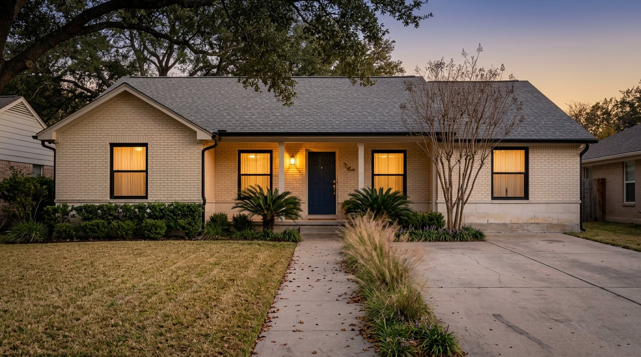 Two-story cream-brick house with glowing windows, a navy front door, and a live oak at dusk.