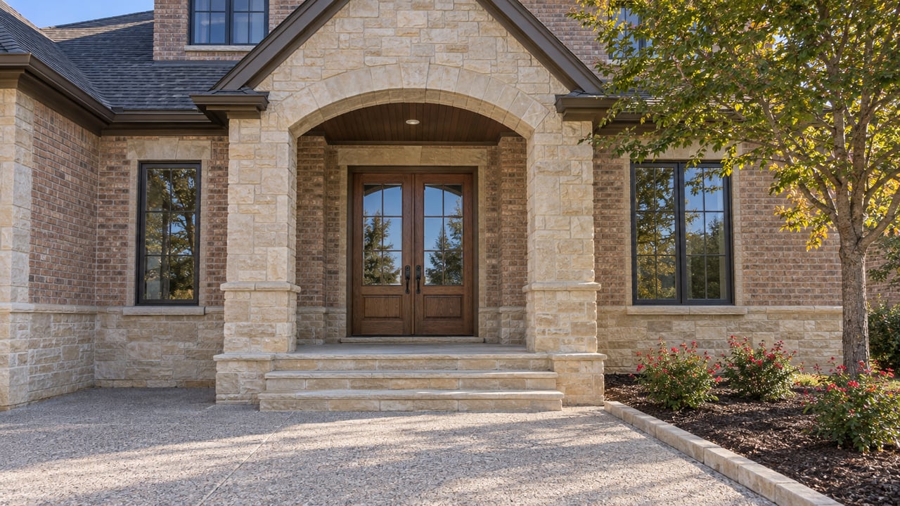 Brick-and-stone home with an arched entrance, dark double doors, and broad stone steps.