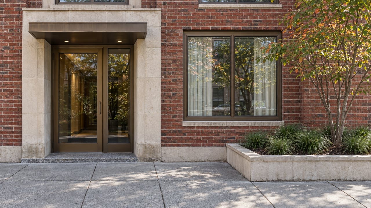 Red brick apartment entrance with bronze-framed glazing, a limestone surround and a serviceberry growing in a raised stone planter.