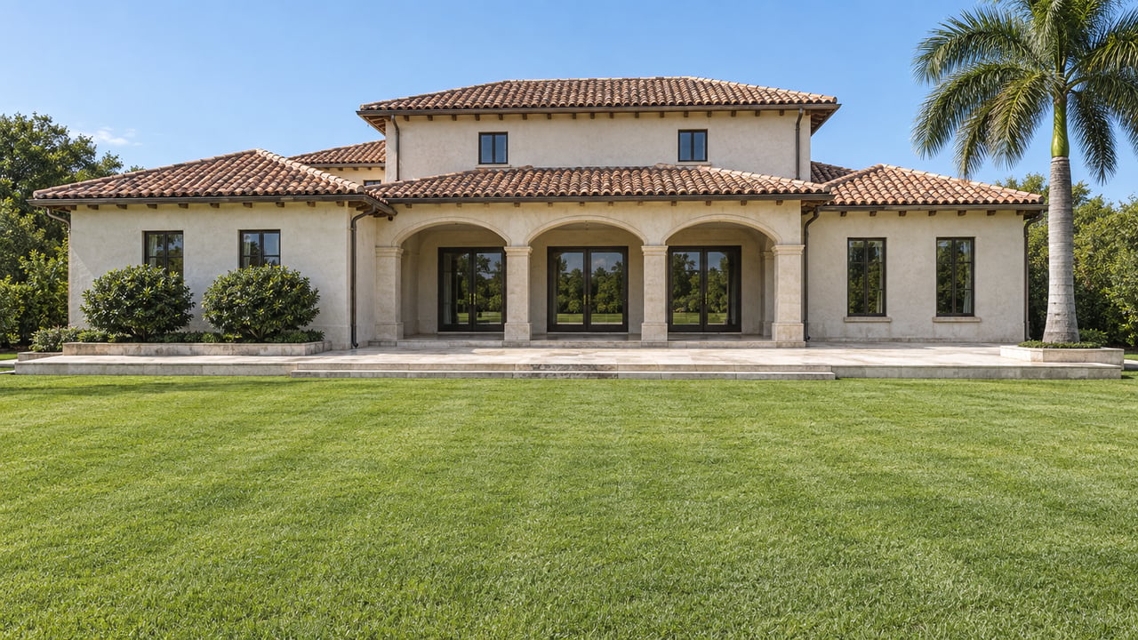 Expansive lawn leading to an ivory stucco estate with clay tile roofs, a covered arched lanai and a mature royal palm.