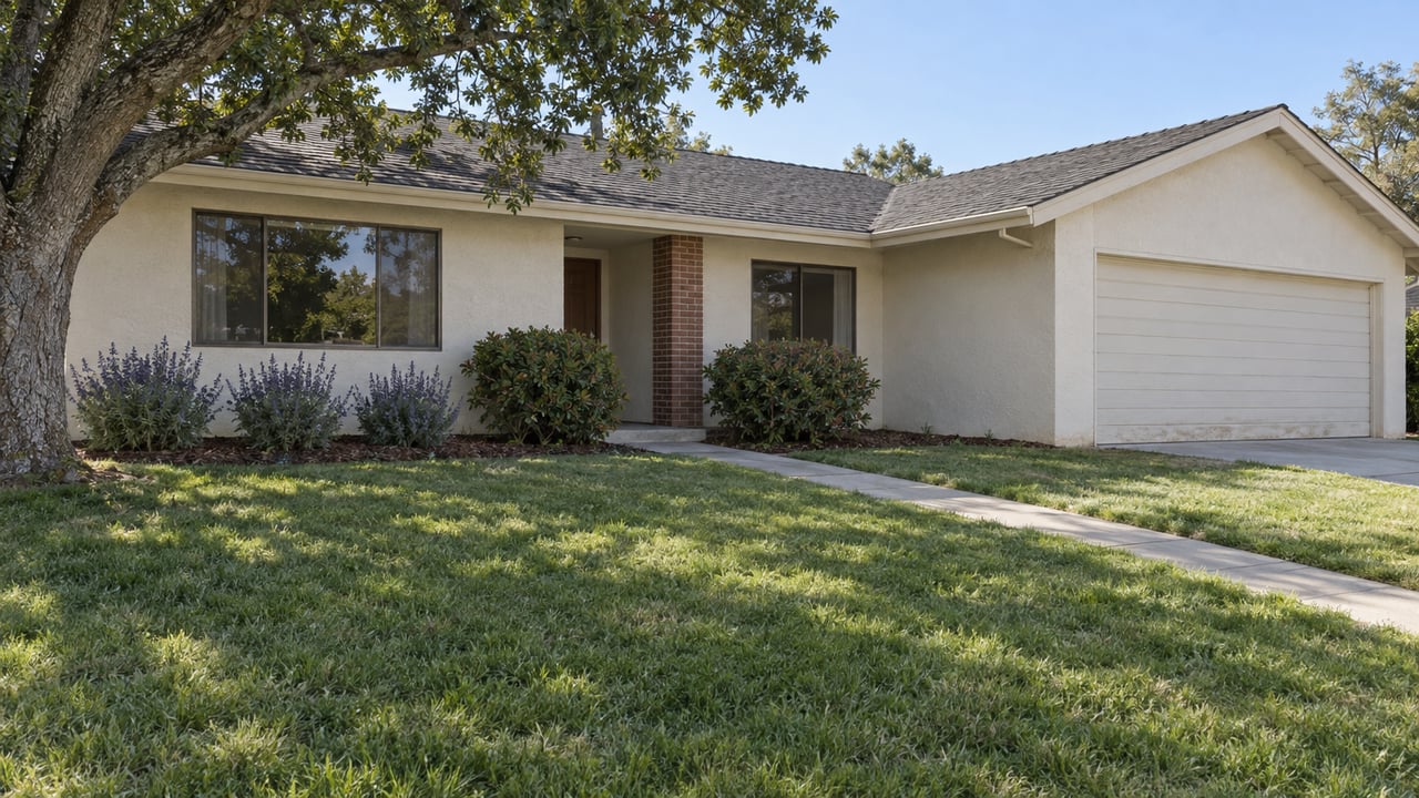 Single-story stucco house with a two-car garage, broad lawn, diagonal walkway, and mature oak at left.